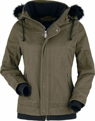 Black Premium by EMP Olivově-zelená bunda s límcem z imitace kožešiny a kapucí dívcí bunda olivová/cerná