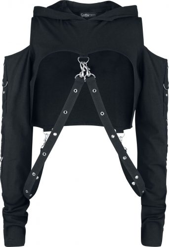 Gothicana by EMP Cropped Hoodie mit Riemen Dámská mikina s kapucí černá