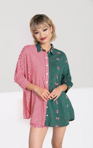 Hell Bunny Beth Oversized Shirt Green Dámská halenka zelená/bílá/cervená